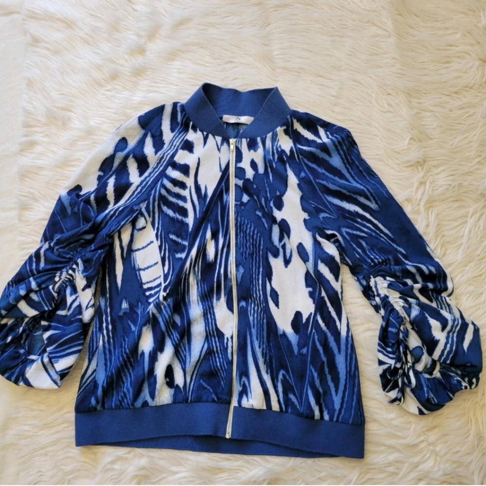 Natori Saks 5th Ave Bomber Jacket Sz S Drawstring Balloon Sleeve Blue Full Zip